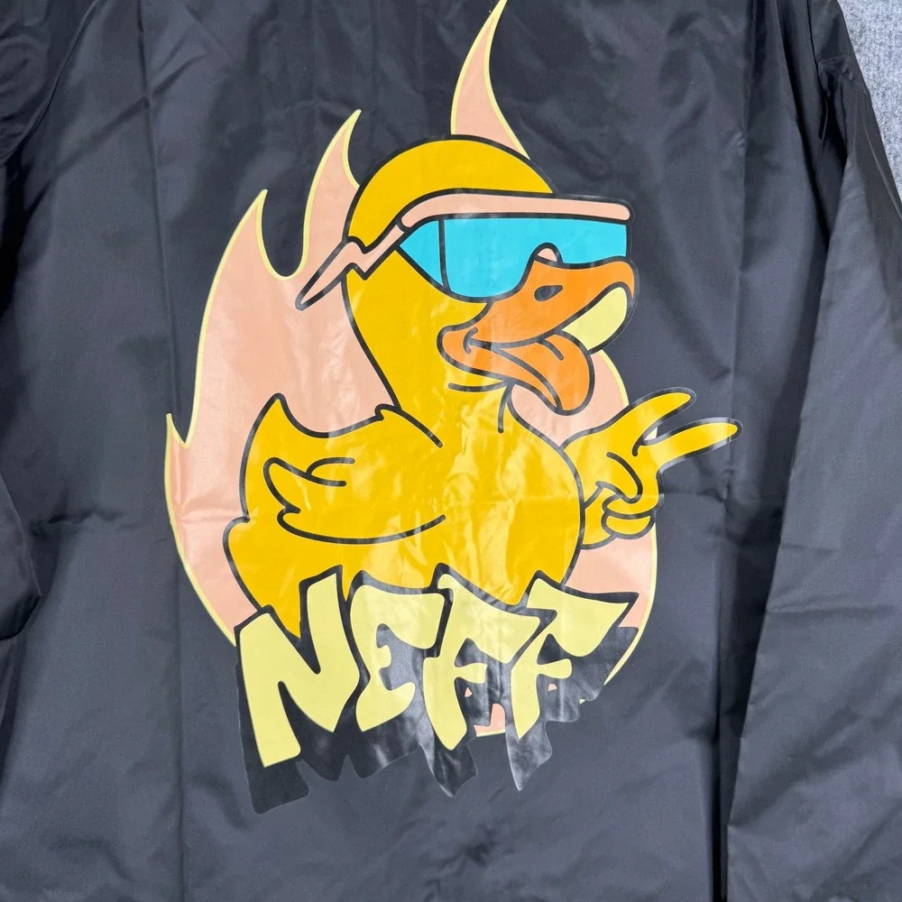 Neff Coach Jacket Mens Size Large Black Flaming Duck Graphic Lightweight Snap Up